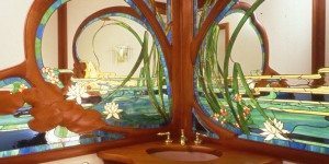 Detail of Lady in the Pond Stained Glass and Mirror and Carved Cherry Wood creation, residential powder room, Wakefield, Ma.